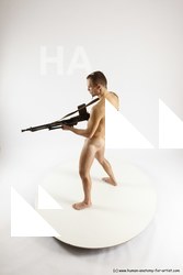 Nude Fighting with submachine gun Man White Slim Short Brown Multi angles poses Realistic