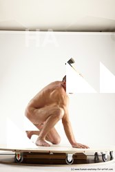 Nude Fighting with axe Man White Slim Short Brown Multi angles poses Realistic