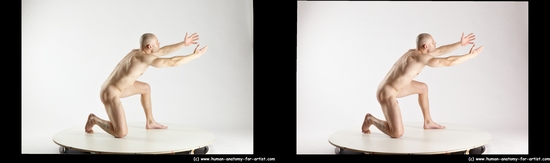 Nude Man White Kneeling poses - ALL Muscular Bald Kneeling poses - on one knee 3D Stereoscopic poses Realistic