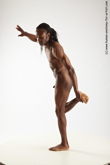 Nude Man Black Standing poses - ALL Athletic Standing poses - knee-bend Black Dreadlocks Realistic