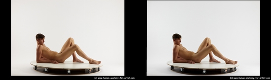 Nude Man White Laying poses - ALL Slim Short Brown Laying poses - on back 3D Stereoscopic poses Realistic