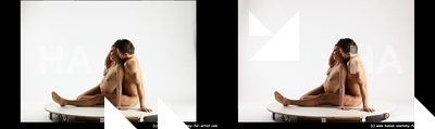 Nude Woman - Man White Sitting poses - simple Muscular Short Brown Sitting poses - ALL 3D Stereoscopic poses Realistic