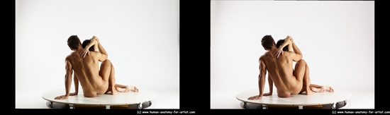 Nude Woman - Man White Sitting poses - simple Muscular Short Brown Sitting poses - ALL 3D Stereoscopic poses Realistic