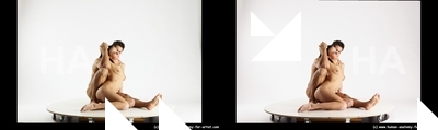 Nude Woman - Man White Sitting poses - simple Muscular Short Brown Sitting poses - ALL 3D Stereoscopic poses Realistic