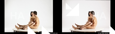 Nude Woman - Man White Sitting poses - simple Muscular Short Brown Sitting poses - ALL 3D Stereoscopic poses Realistic