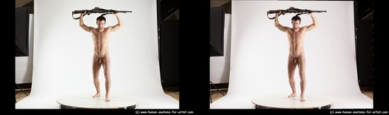 Nude Fighting with rifle Man White Slim Short Brown 3D Stereoscopic poses Realistic