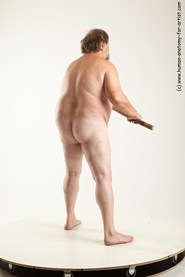 Nude Fighting with spear Man White Overweight Short Grey Realistic