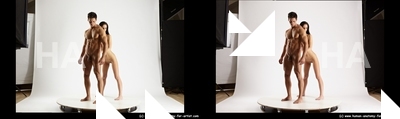 Nude Woman - Man White Standing poses - ALL Muscular Short Brown Standing poses - simple 3D Stereoscopic poses Realistic