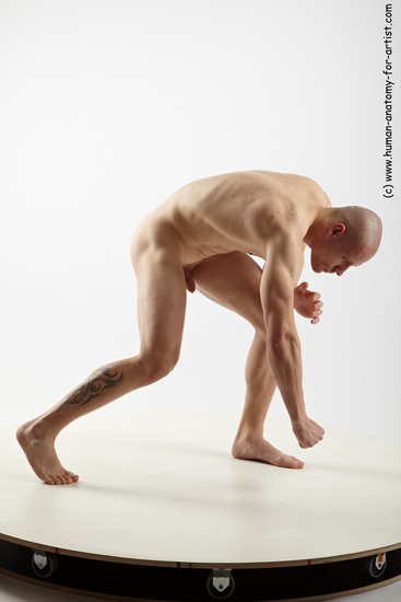 Nude Man White Standing poses - ALL Muscular Bald Standing poses - bend over Realistic