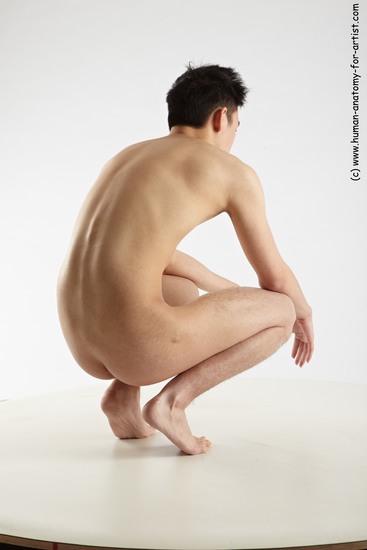Nude Man Asian Standing poses - ALL Slim Short Standing poses - knee-bend Black Realistic
