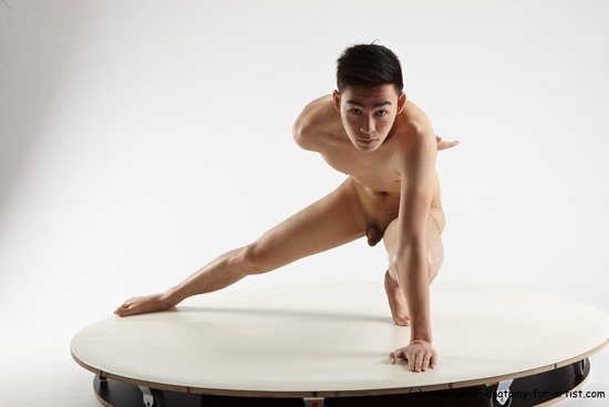 Nude Man Asian Standing poses - ALL Slim Short Standing poses - knee-bend Black Realistic