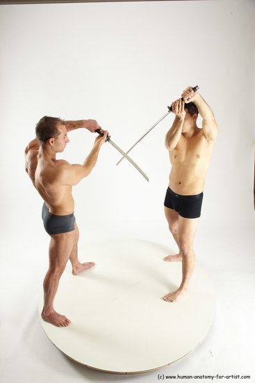 Underwear Fighting with sword Man - Man White Muscular Short Brown Multi angles poses Academic