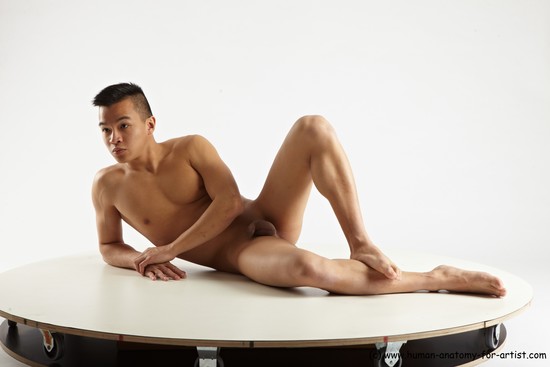 Nude Man Asian Laying poses - ALL Slim Short Laying poses - on side Black Realistic