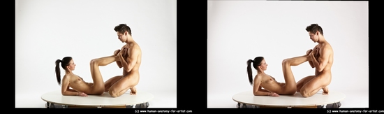 Nude Woman - Man White Muscular Short Brown Sitting poses - ALL Sitting poses - on knees 3D Stereoscopic poses Realistic