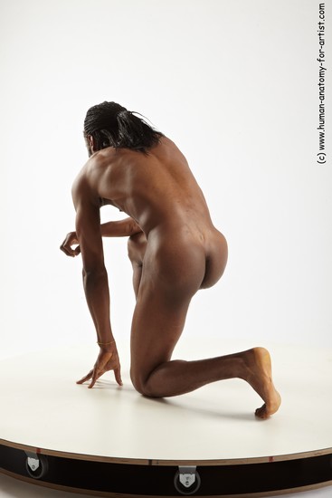 Nude Man Black Kneeling poses - ALL Athletic Kneeling poses - on one knee Black Dreadlocks Realistic
