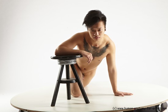 Nude Man Asian Kneeling poses - ALL Slim Short Kneeling poses - on one knee Black Realistic