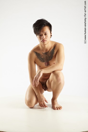 Nude Man Asian Slim Short Black Sitting poses - ALL Sitting poses - on knees Realistic