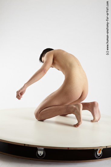 Nude Man Asian Kneeling poses - ALL Slim Short Kneeling poses - on both knees Black Realistic