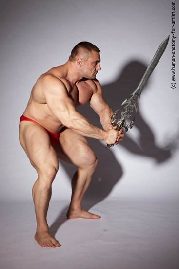 Underwear Fighting with sword Man White Muscular Short Brown Academic