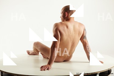Nude Man White Sitting poses - simple Muscular Bald Sitting poses - ALL Realistic