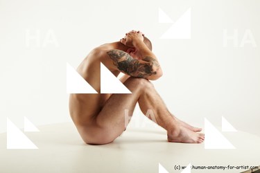 Nude Man White Sitting poses - simple Muscular Bald Sitting poses - ALL Realistic