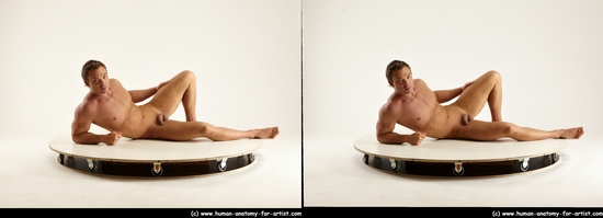 Nude Man White Laying poses - ALL Muscular Short Brown Laying poses - on side 3D Stereoscopic poses Realistic