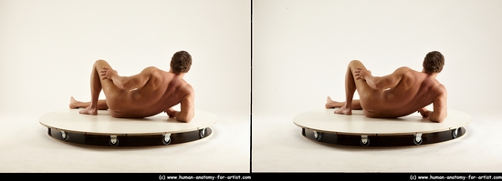 Nude Man White Laying poses - ALL Muscular Short Brown Laying poses - on side 3D Stereoscopic poses Realistic