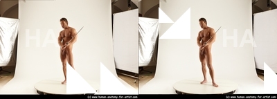 Nude Fighting with sword Man White Sitting poses - simple Muscular Short Brown Sitting poses - ALL 3D Stereoscopic poses Realistic