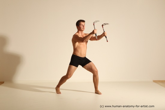 Underwear Fighting Man White Muscular Short Brown Dynamic poses Academic