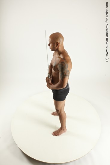 Underwear Fighting with sword Man Black Sitting poses - simple Muscular Bald Sitting poses - ALL Multi angles poses Academic