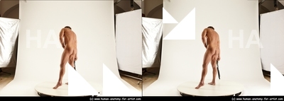 Nude Fighting with sword Man White Standing poses - ALL Muscular Short Brown Standing poses - simple 3D Stereoscopic poses Realistic