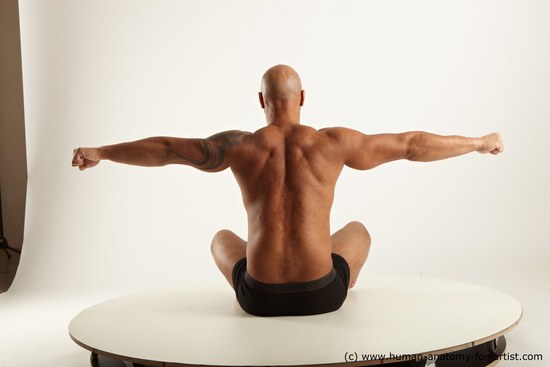 Underwear Man Black Sitting poses - simple Muscular Bald Sitting poses - ALL Academic