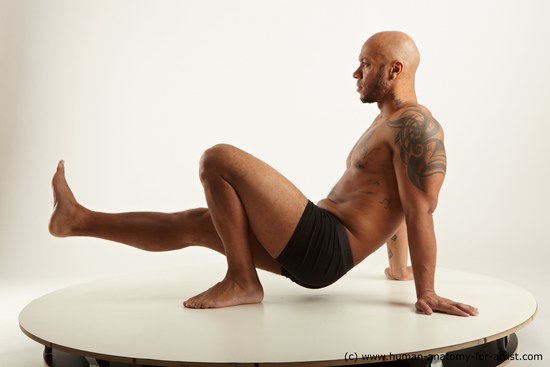Underwear Man Black Sitting poses - simple Muscular Bald Sitting poses - ALL Academic