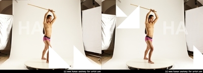 Underwear Fighting with spear Man Asian Slim Long Black 3D Stereoscopic poses Academic