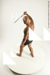 Underwear Fighting with sword Man Another Muscular Bald Multi angles poses Academic