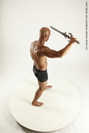 Underwear Fighting with sword Man Another Muscular Bald Multi angles poses Academic