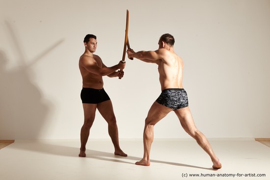 Underwear Fighting with spear Man - Man White Moving poses Muscular Short Brown Dynamic poses Academic