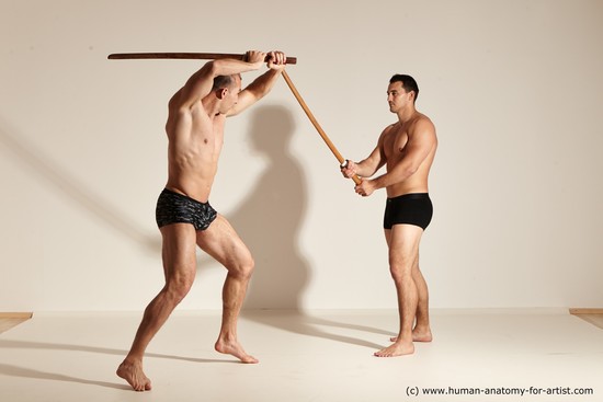Underwear Fighting with spear Man - Man White Moving poses Muscular Short Brown Dynamic poses Academic