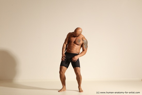 Underwear Man Black Muscular Bald Dancing Dynamic poses Academic