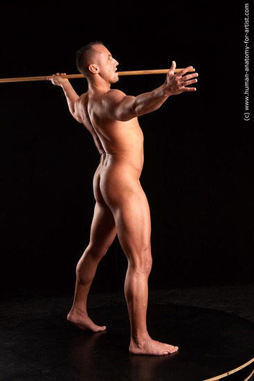 Nude Fighting with spear Man White Standing poses - ALL Muscular Short Brown Standing poses - simple Standard Photoshoot Realistic