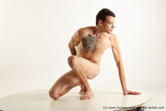 Nude Man Kneeling poses - ALL Slim Short Kneeling poses - on one knee Black Standard Photoshoot Realistic