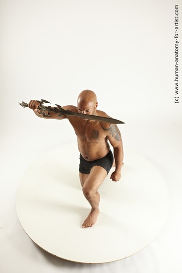 Underwear Fighting with sword Man Black Muscular Bald Multi angles poses Academic