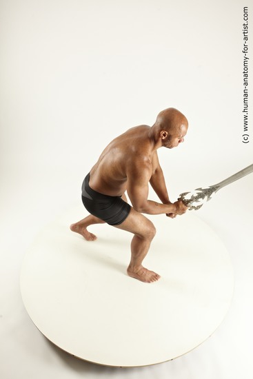 Underwear Fighting with sword Man Black Muscular Bald Multi angles poses Academic