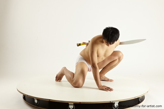 Underwear Fighting with sword Man Asian Slim Medium Black Multi angles poses Academic
