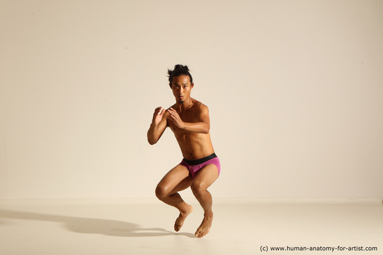 Underwear Fighting Man Asian Athletic Long Black Dynamic poses Academic