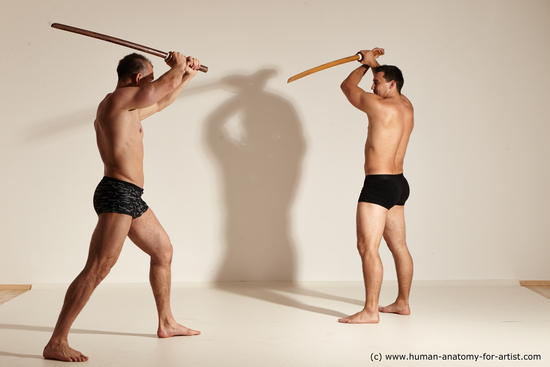 Underwear Fighting with spear Man - Man White Athletic Short Brown Dynamic poses Academic