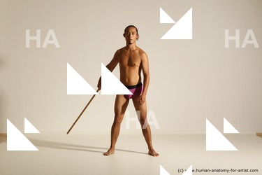 Underwear Fighting with spear Man Asian Athletic Long Black Dynamic poses Academic