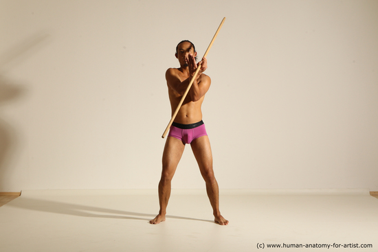Underwear Fighting with spear Man Asian Athletic Long Black Dynamic poses Academic