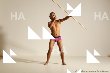 Underwear Fighting with spear Man Asian Athletic Long Black Dynamic poses Academic