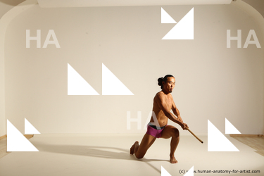 Underwear Fighting with spear Man Asian Athletic Long Black Dynamic poses Academic